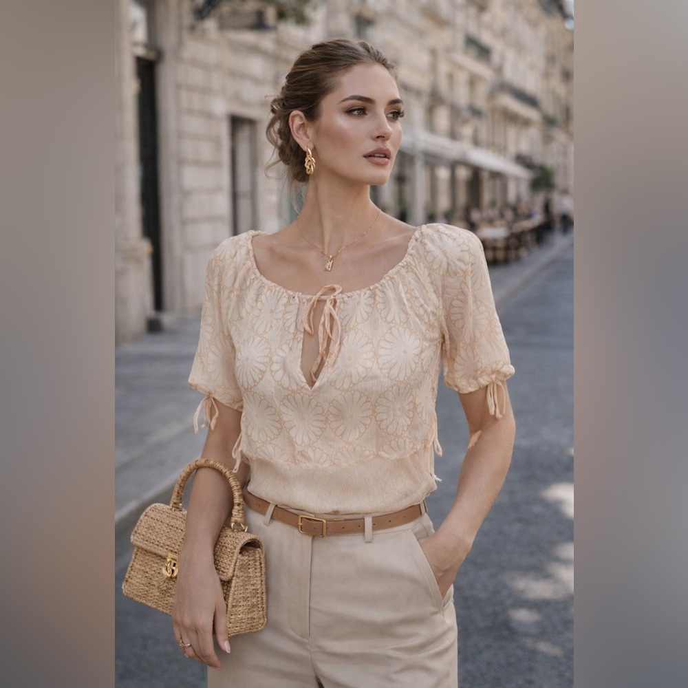 Bruuns Bazaar Cream Floral Silk Blouse – Size XS (EU 34)